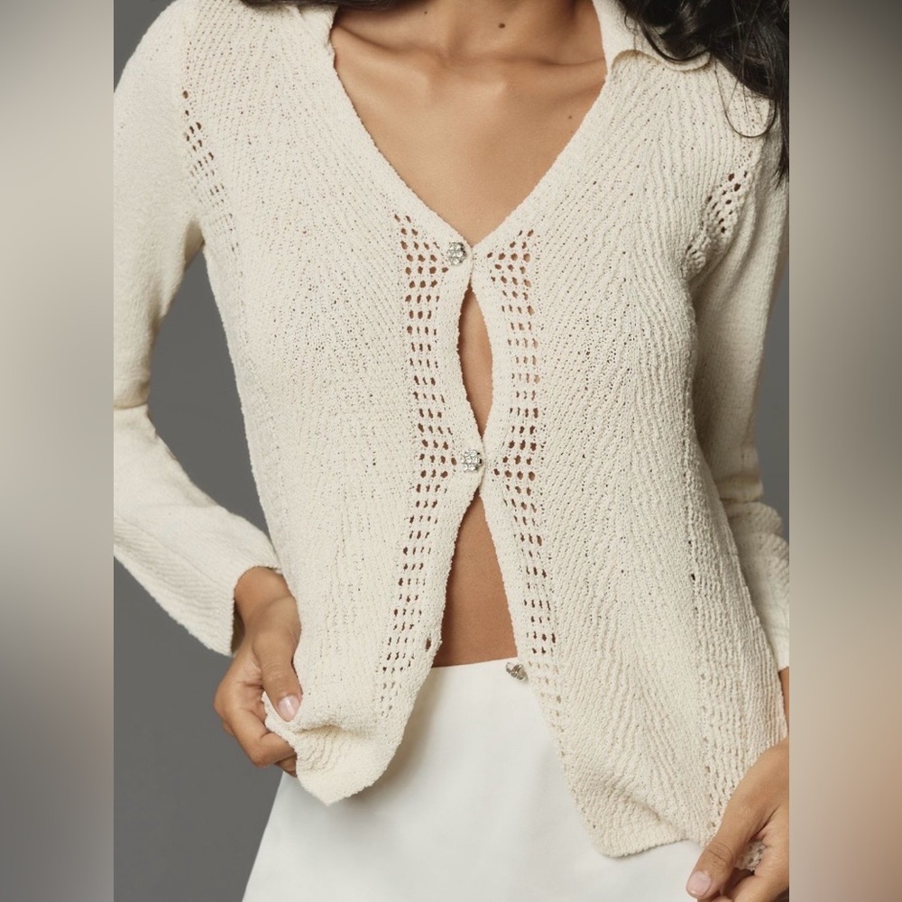 Maeve Open-Stitch Collared Cardigan Sweater